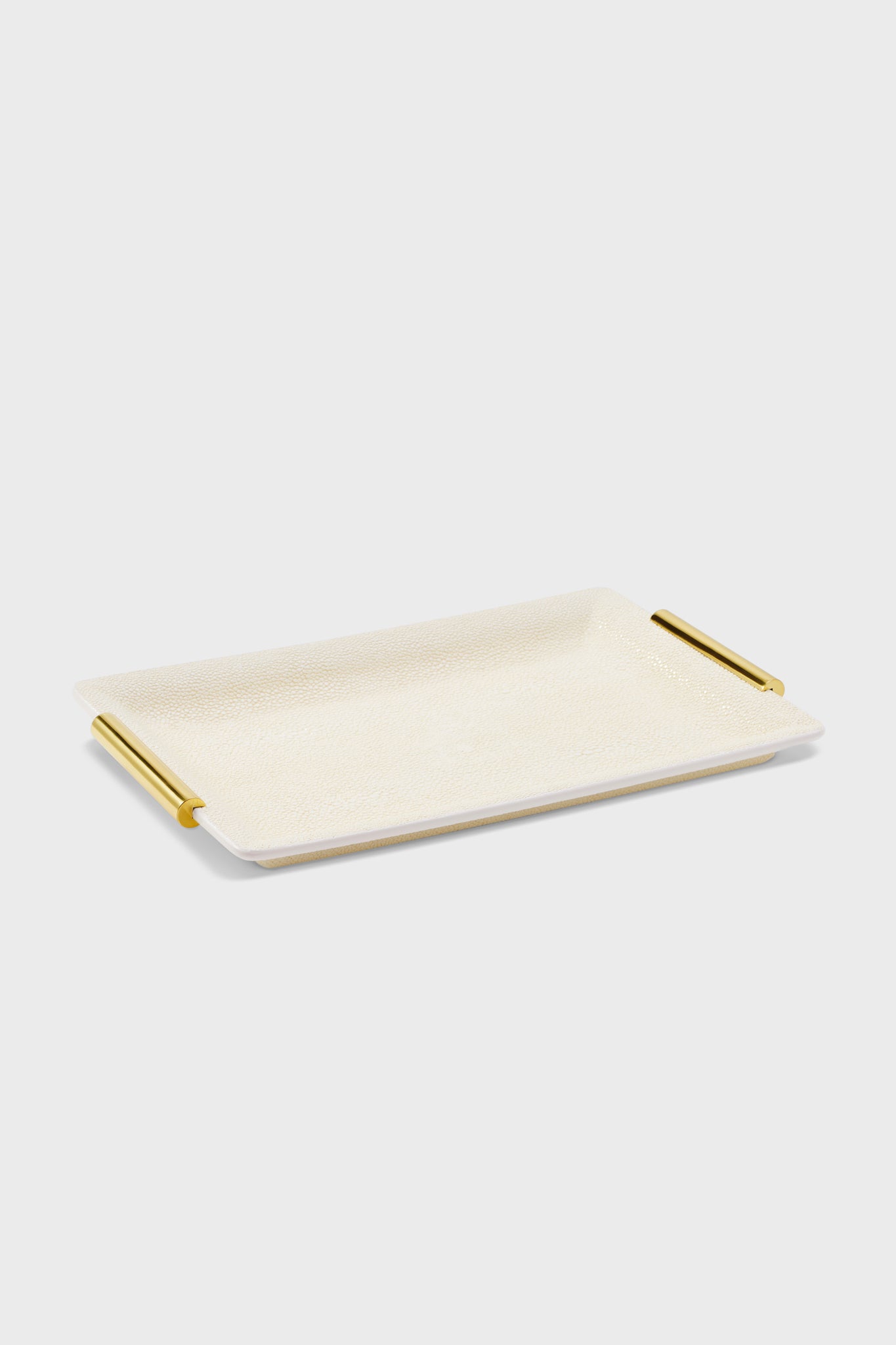 Small Cream Shagreen Vanity Tray with gold-tone handles, featuring a classic, high-end shagreen finish and curved edges for an effortless, organized display.