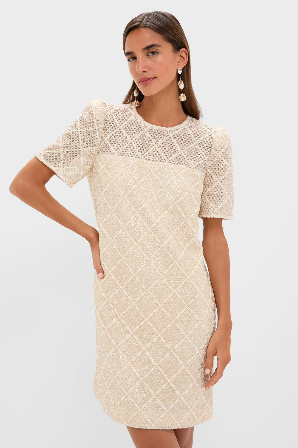 Ivory Sequin Short Sleeve Janelle Mini Dress