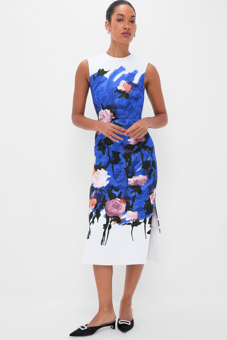 Brushstroke Rose Cobalt Blue Sleeveless Pencil Midi Dress