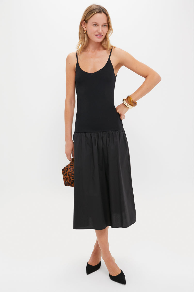 Black Mixed Media Drop Waist Ayden Midi Dress