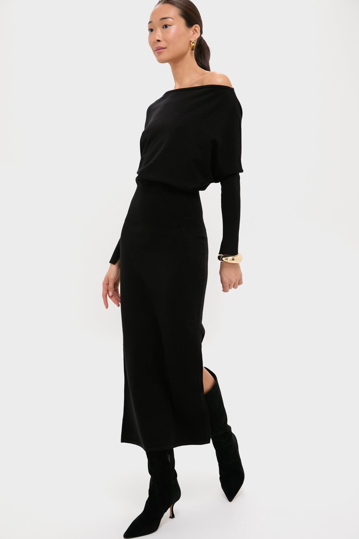 Black Janese Off Shoulder Midi Dress | SIMKHAI Black Janese Off Shoulder Midi Dress | SIMKHAI