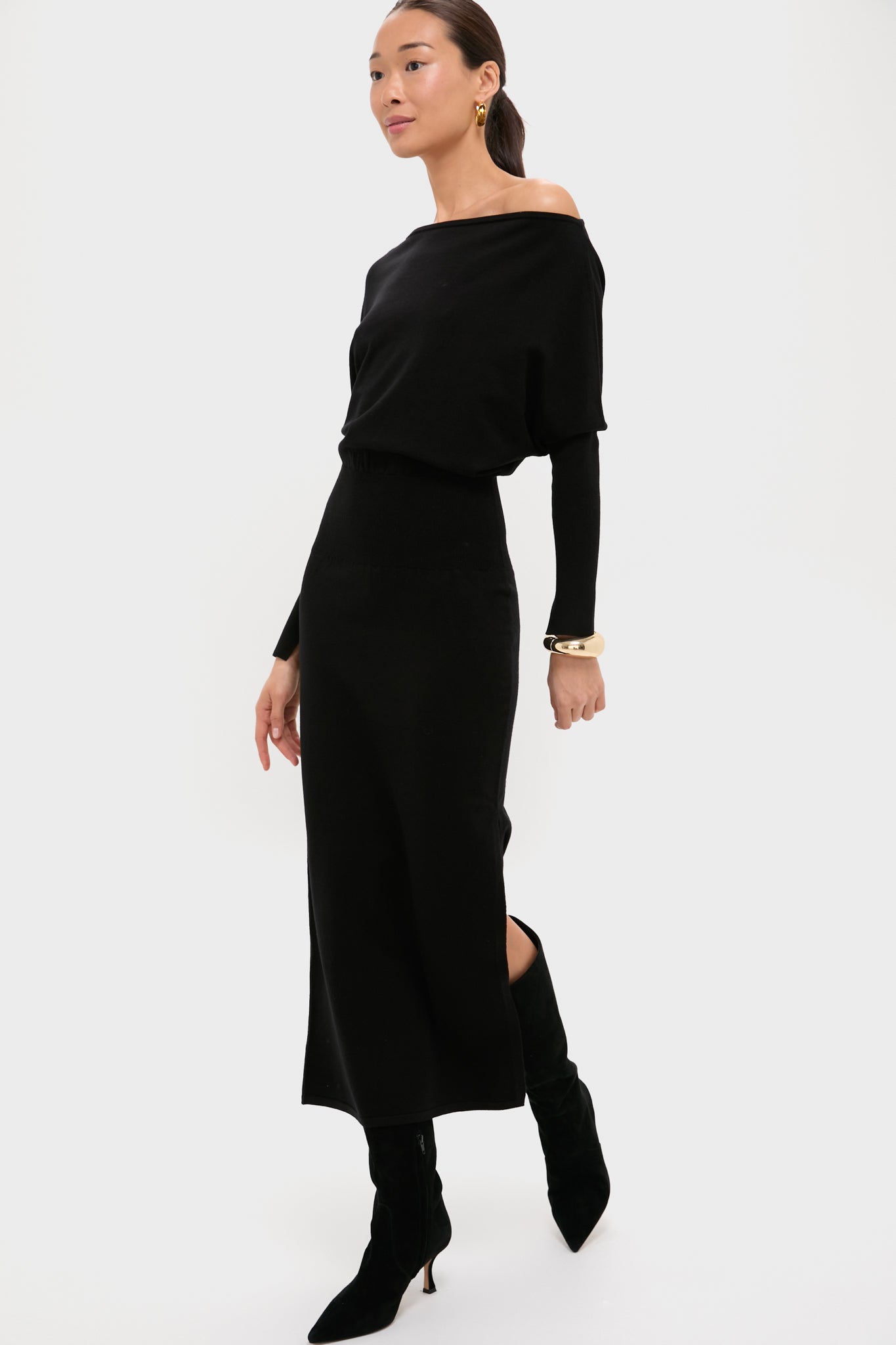 Black Janese Off Shoulder Midi Dress | SIMKHAI Black Janese Off Shoulder Midi Dress | SIMKHAI