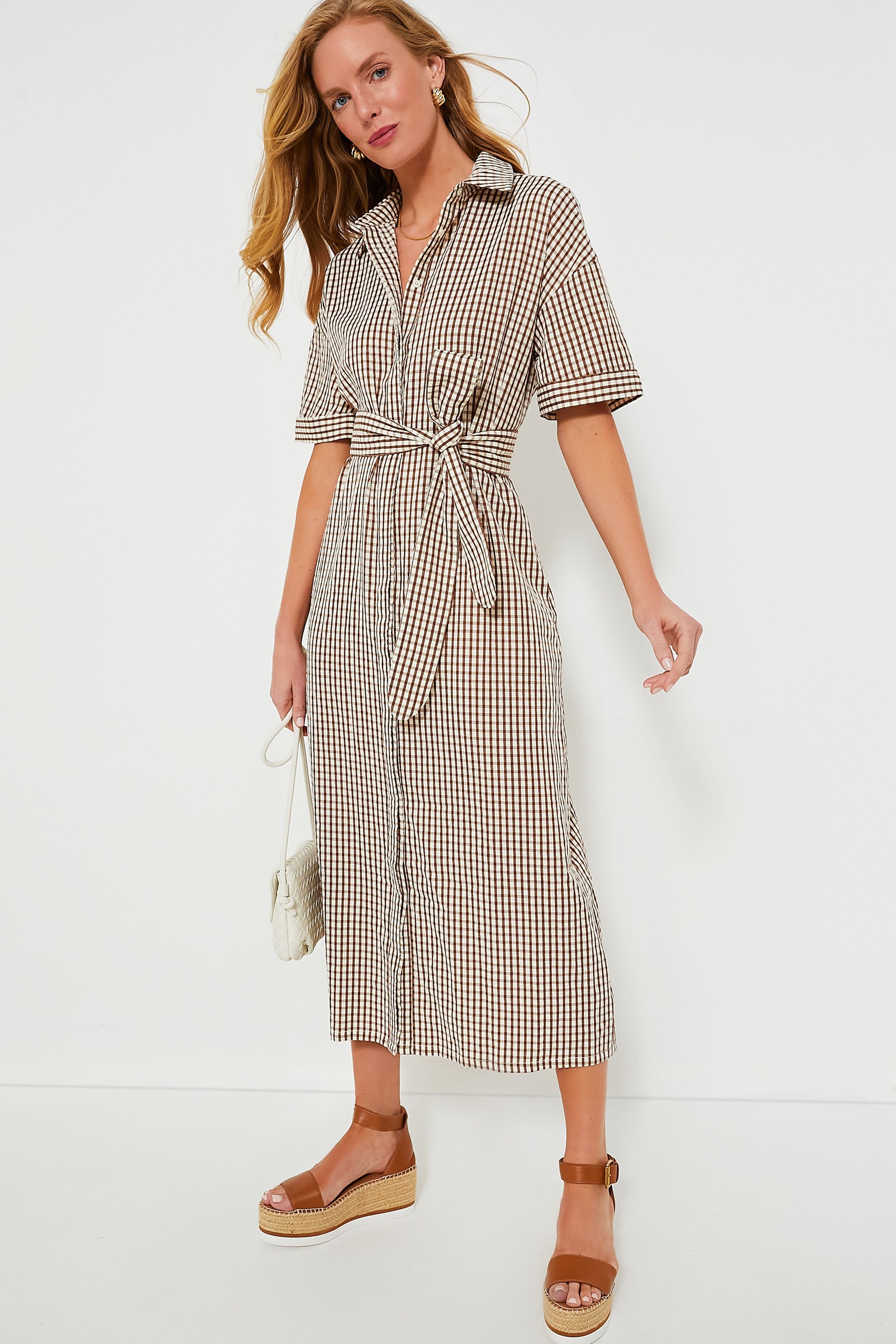 Brown Gingham Seersucker Zacara Dress Pomander Place Light Brown Gingham / XS Brown Gingham Seersucker Zacara Dress Pomander Place Light Brown Gingham / XS