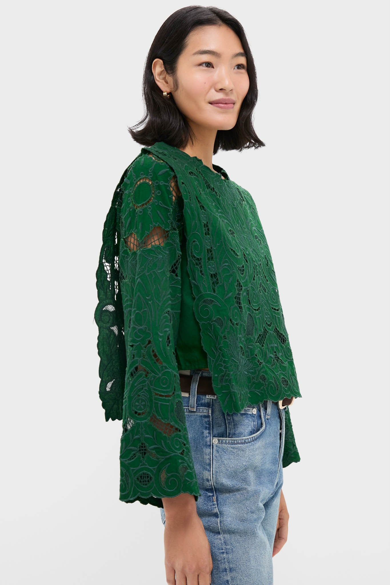 Green Ceci Embroidery Long Sleeve Top