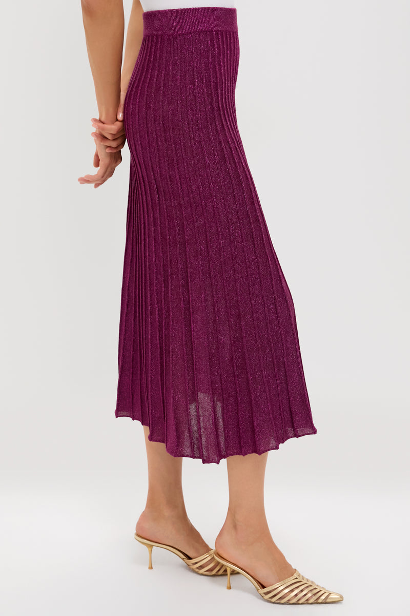 Plum Shimmer Knit Pleated Arion Midi Skirt