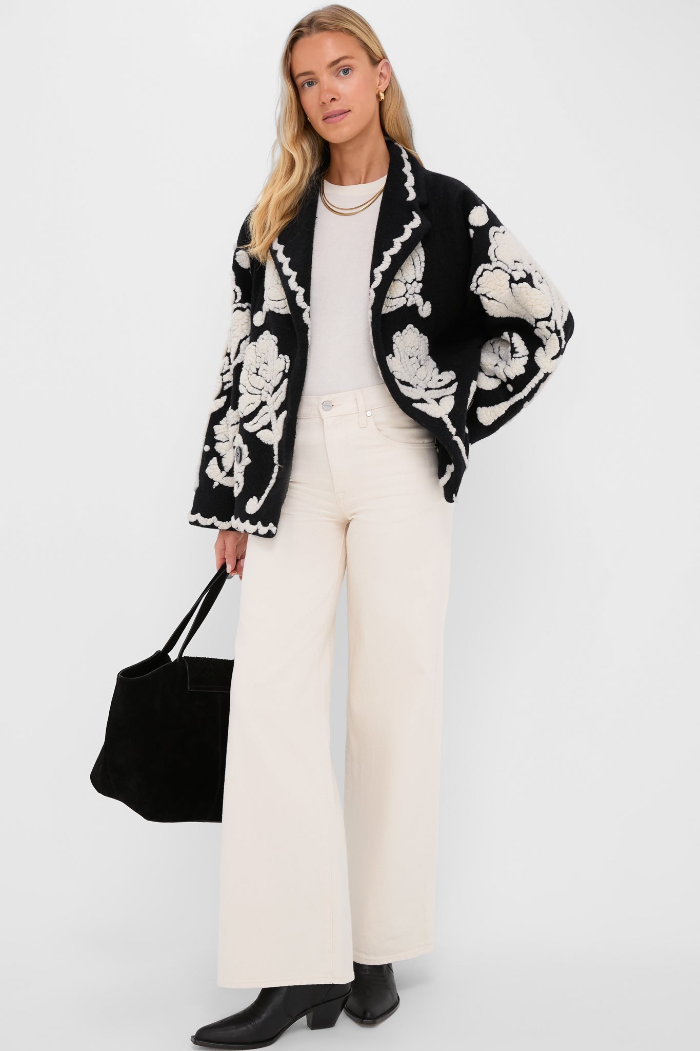 Black Cream Floral Arabesque Fleece Coat | Farm Rio