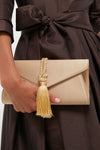 Champagne Satin Gabrielle Clutch in a classic envelope style with a braided tassel, exuding effortless high-end flair, perfect for fun, special occasions.