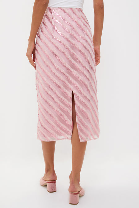 Soft Pink Shimmer Stripes Milan Midi Skirt with diagonal sequins and back slit, styled with blush velvet mules for a classic, effortless, and high-end look.