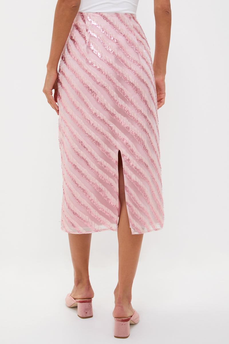 Soft Pink Shimmer Stripes Milan Midi Skirt with diagonal sequins and back slit, styled with blush velvet mules for a classic, effortless, and high-end look.