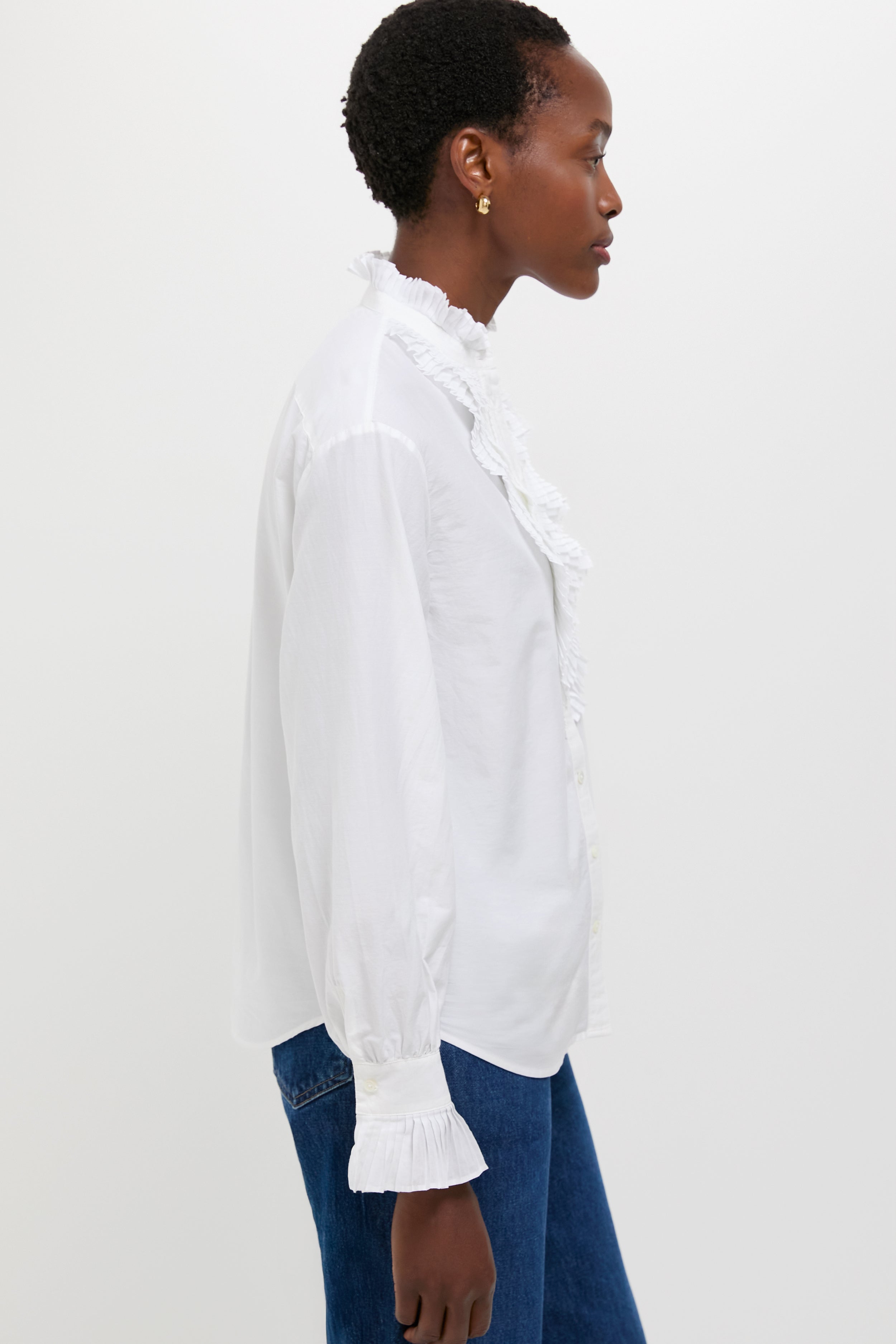 White Long Sleeve Band Collar Blouse