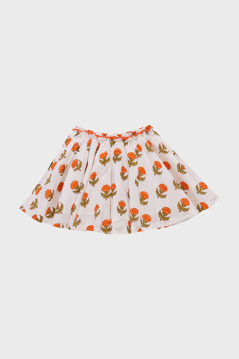 The Pink Chicken Orange Bud Gianna Skirt has a white base with a marigold print and a gathered waistband, offering boho style for any wardrobe. Shown on a plain background.