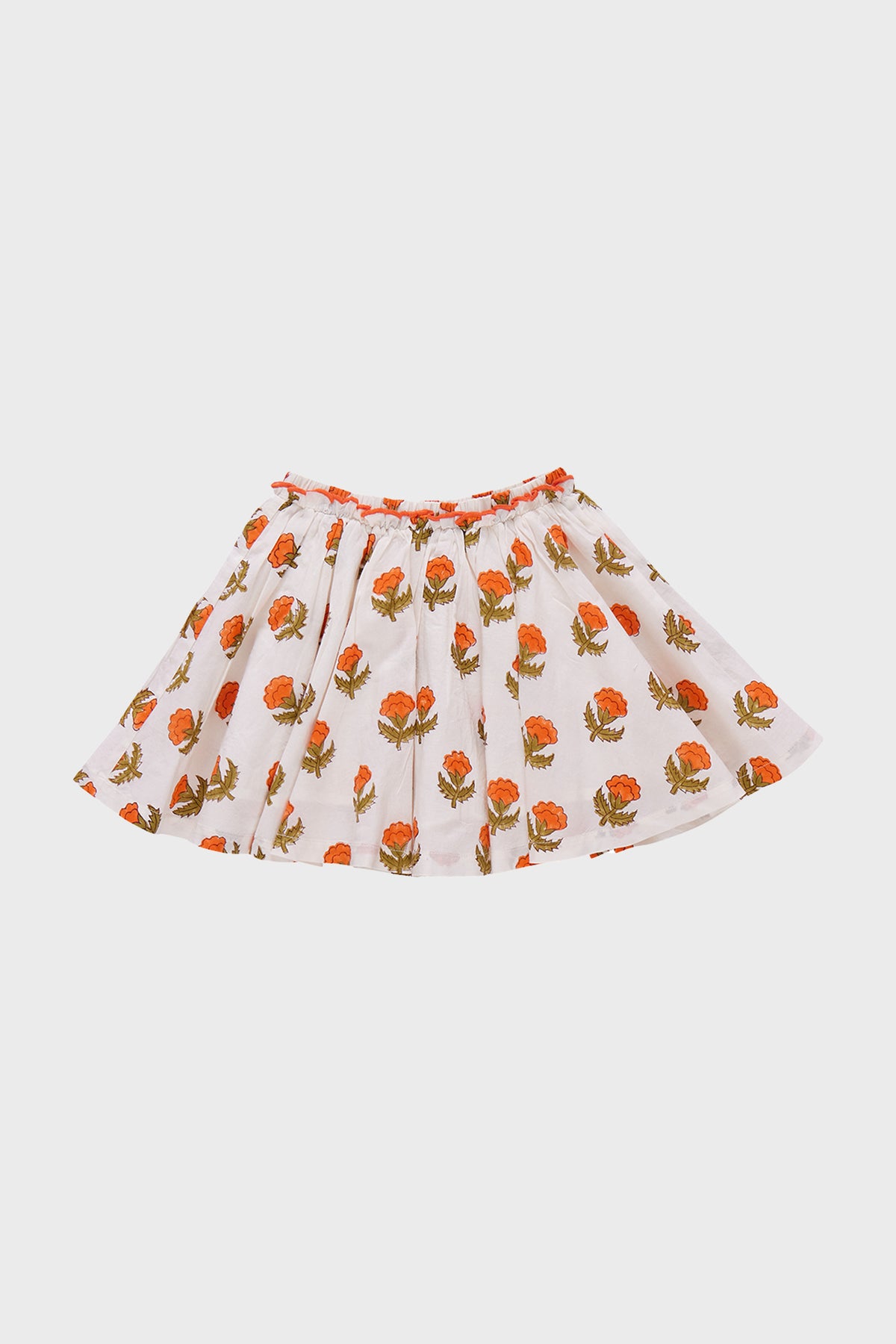 The Pink Chicken Orange Bud Gianna Skirt has a white base with a marigold print and a gathered waistband, offering boho style for any wardrobe. Shown on a plain background.