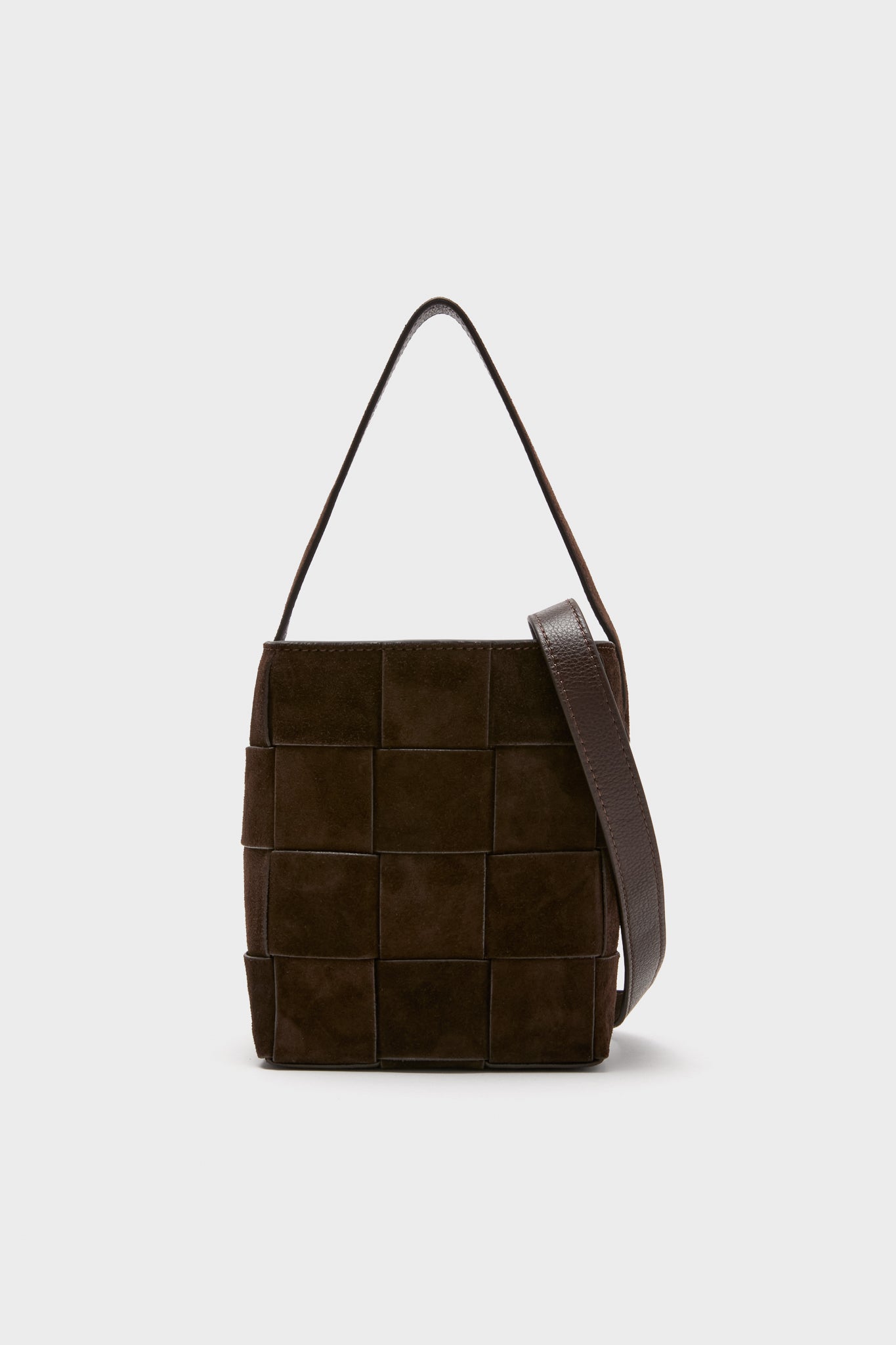 Classic Woven Tmoro Suede Laith Top Handle Bag in dark brown, featuring a structured, interwoven suede design, short handle, and removable shoulder strap for effortless, high-end style.