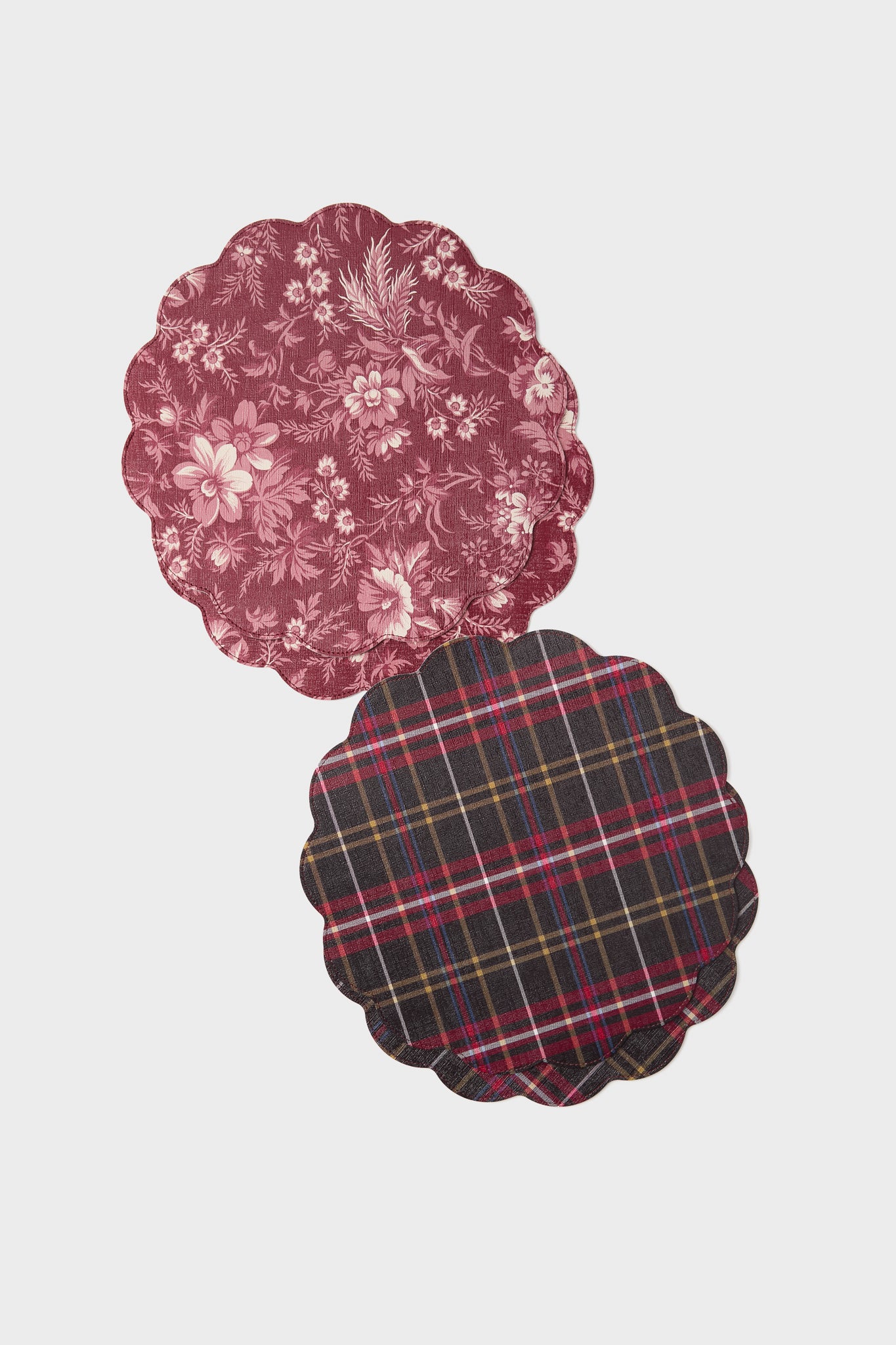 Red Antique Floral and Plaid Reversible Wipeable Placemats Set of 4