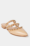 French Sole beige leather flats with a pointed toe, three gold-studded straps, and a low heel.