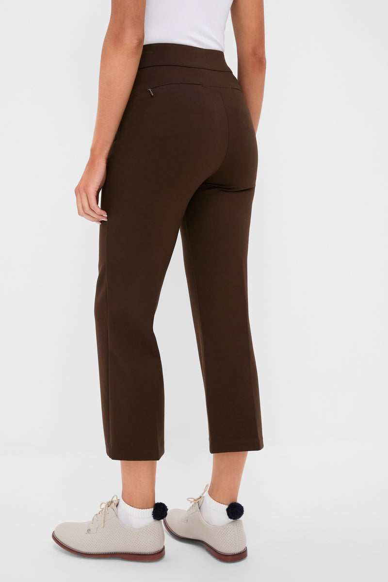 Petite Chocolate Brown Compression September Pant: Classic, high-waisted cropped trousers in an effortless style, perfect for work or play, paired with cream oxfords and playful pom-pom socks.