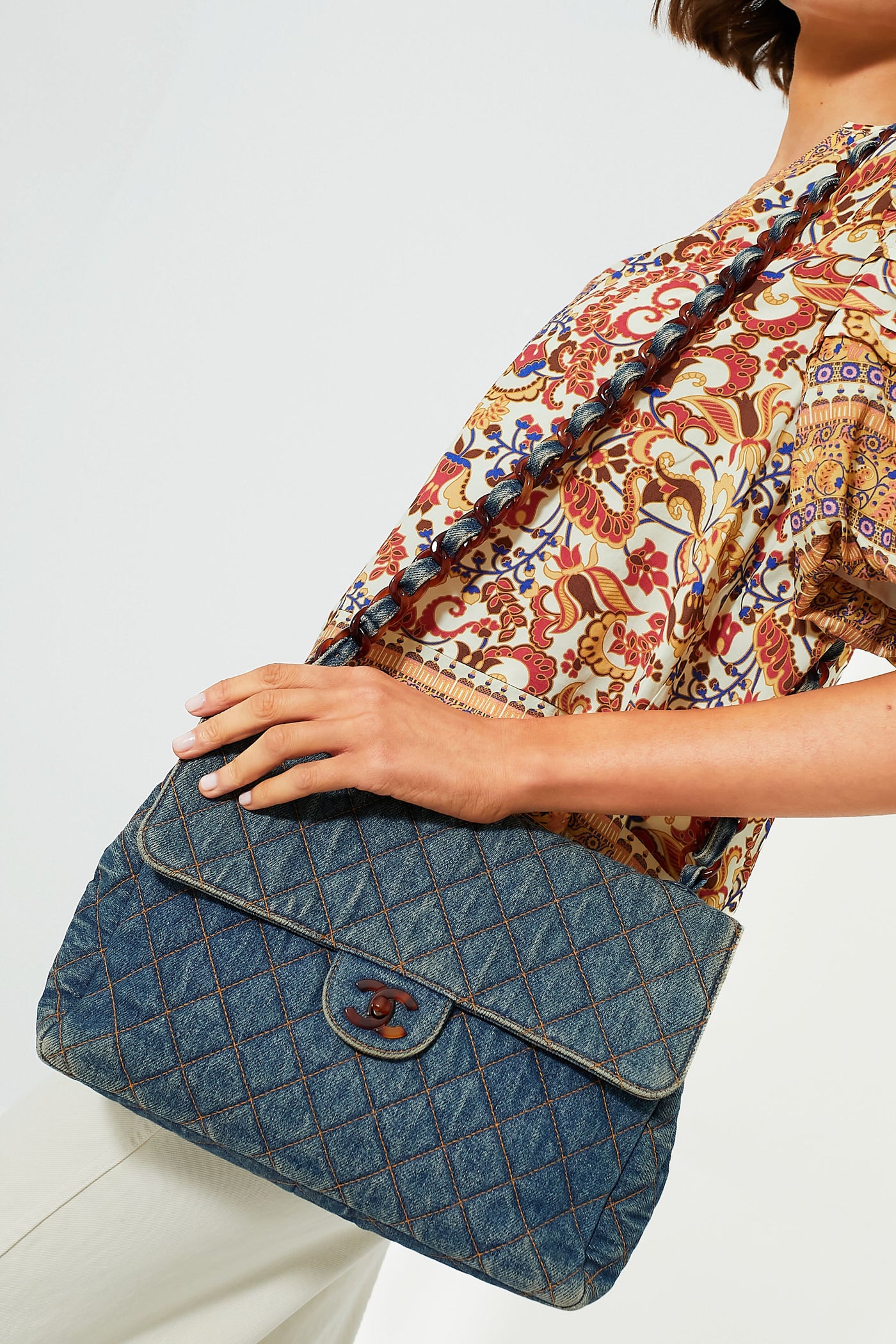 CHANEL Denim and Tortoise Vintage Quilted Jumbo Flap Bag