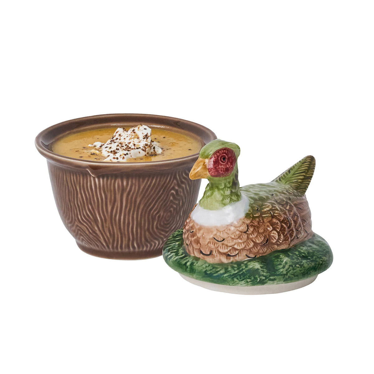 Forest Walk Pheasant Bowl with Lid: A classic, high-end ceramic bowl featuring a whimsical pheasant lid, perfect for serving creamy soups in an effortlessly fun and elegant manner.
