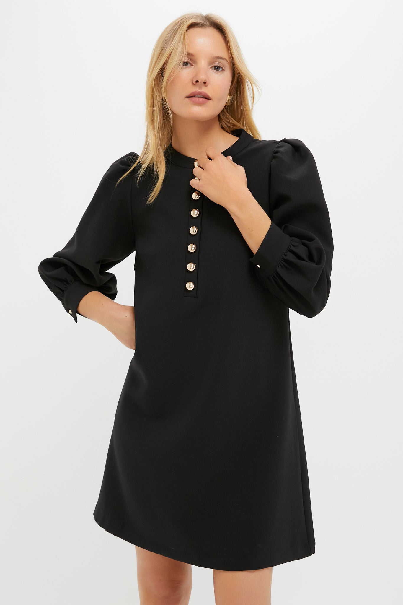 little black dress shop Pomander Place Crepe Samantha Black / XS color:DUSTY LAVENDER Women Button Up V The streamlined silhouette skims no:Z025130