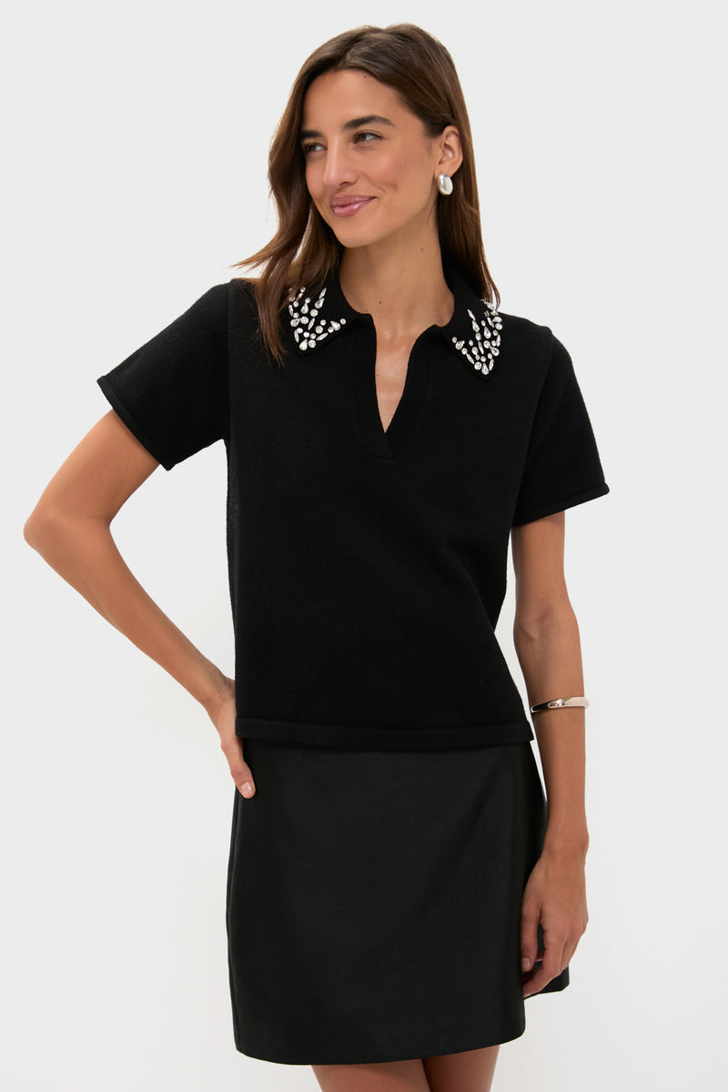 Black Knit Embellished Anica Polo