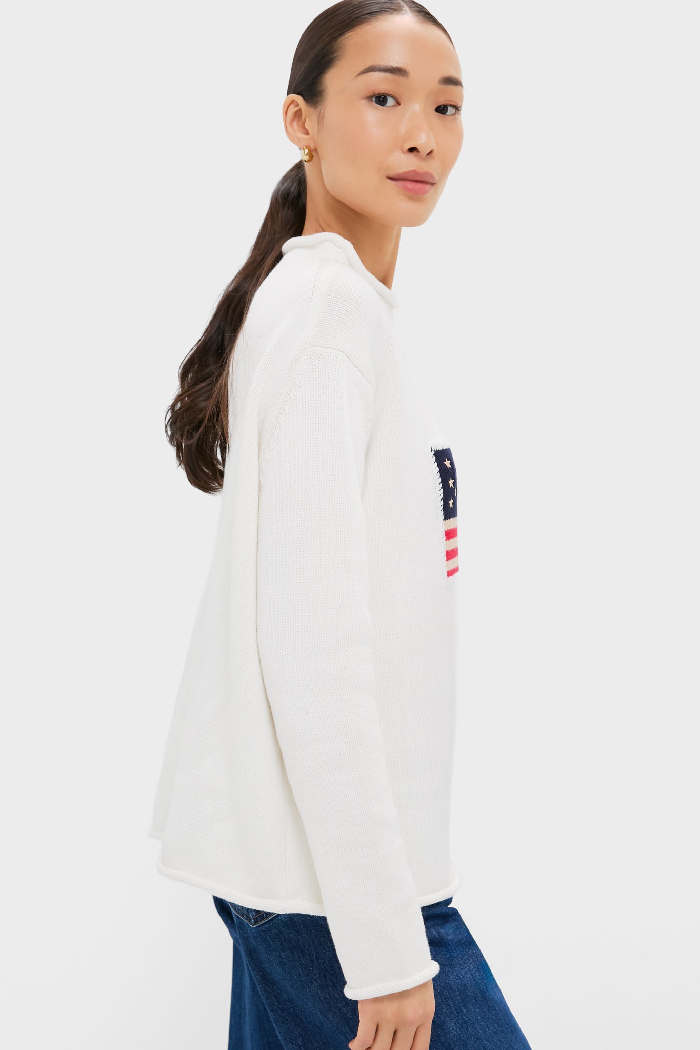 Ivory Cotton Rollneck Americana Sweater