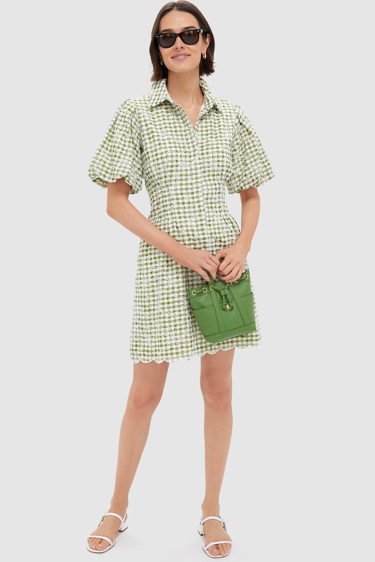 embroidered floral green gingham mini delaney dress Sweet Pea Sage Green Gingham Tie Front Halter Mini Dress L / Sage Green main image 1