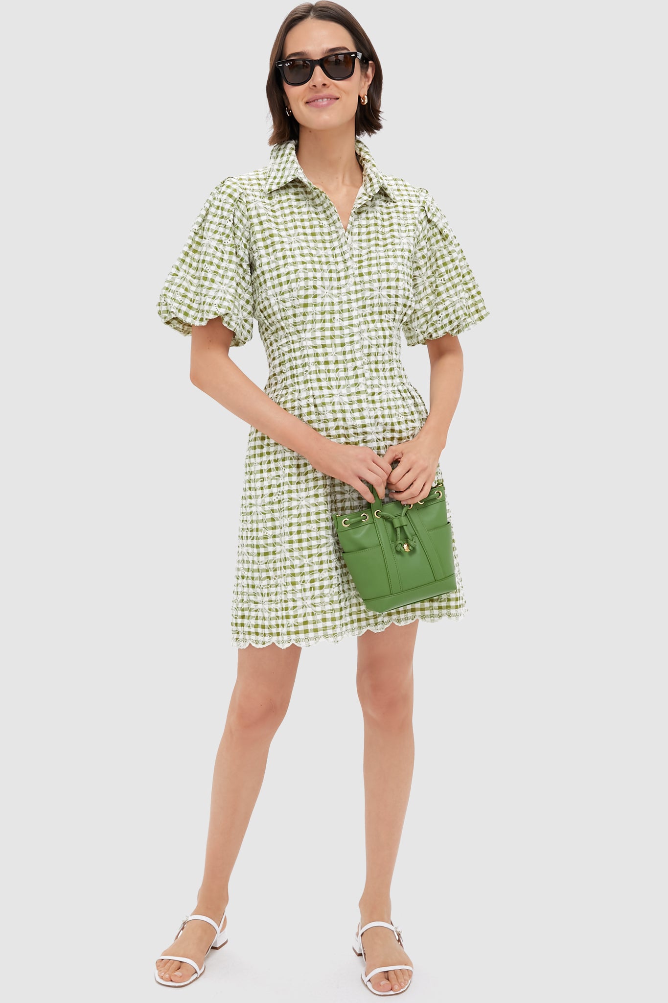 Embroidered Floral Green Gingham Mini Delaney Dress