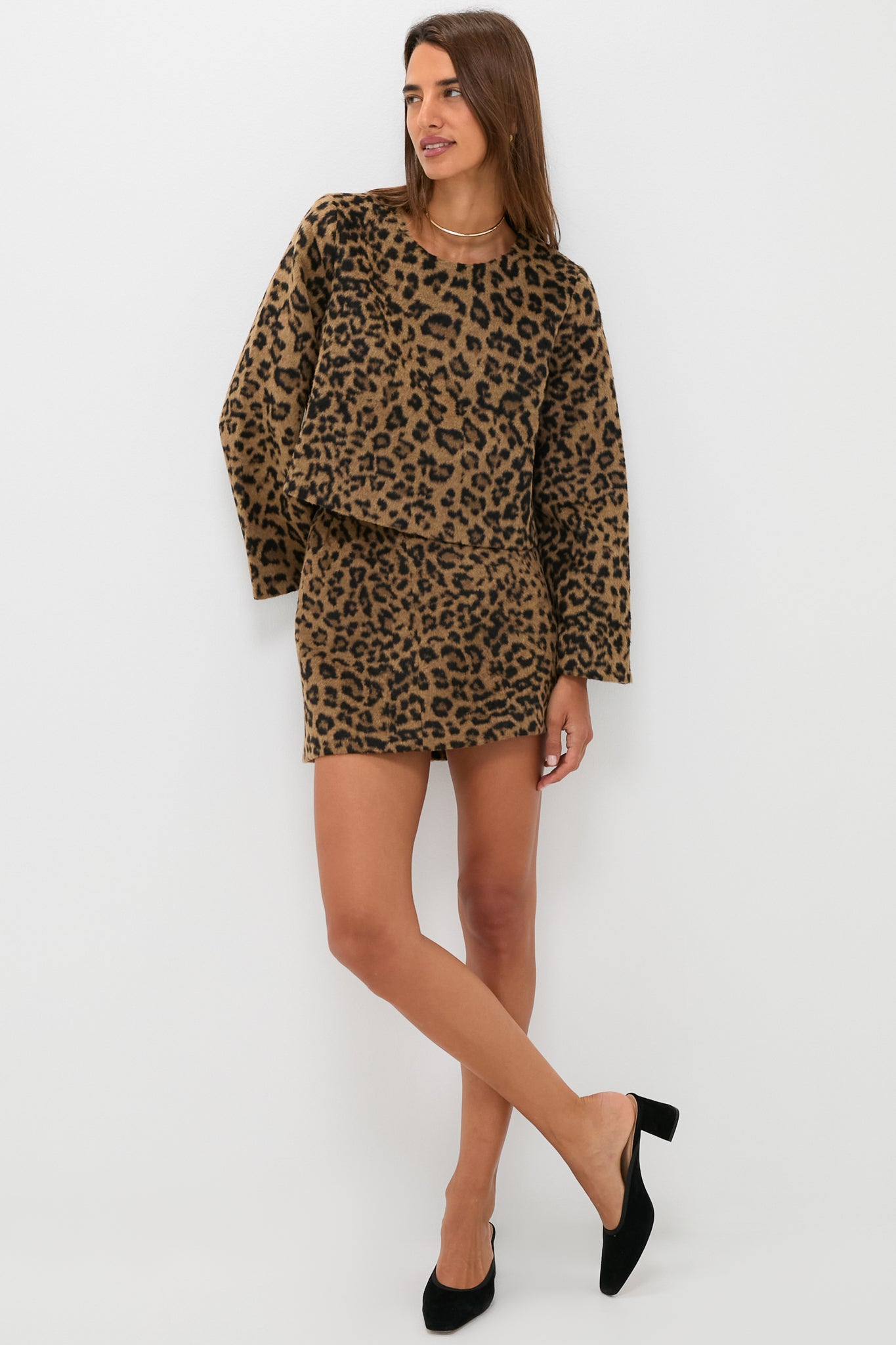 Leopard Brushed Wool Meg A-Line Mini Skirt