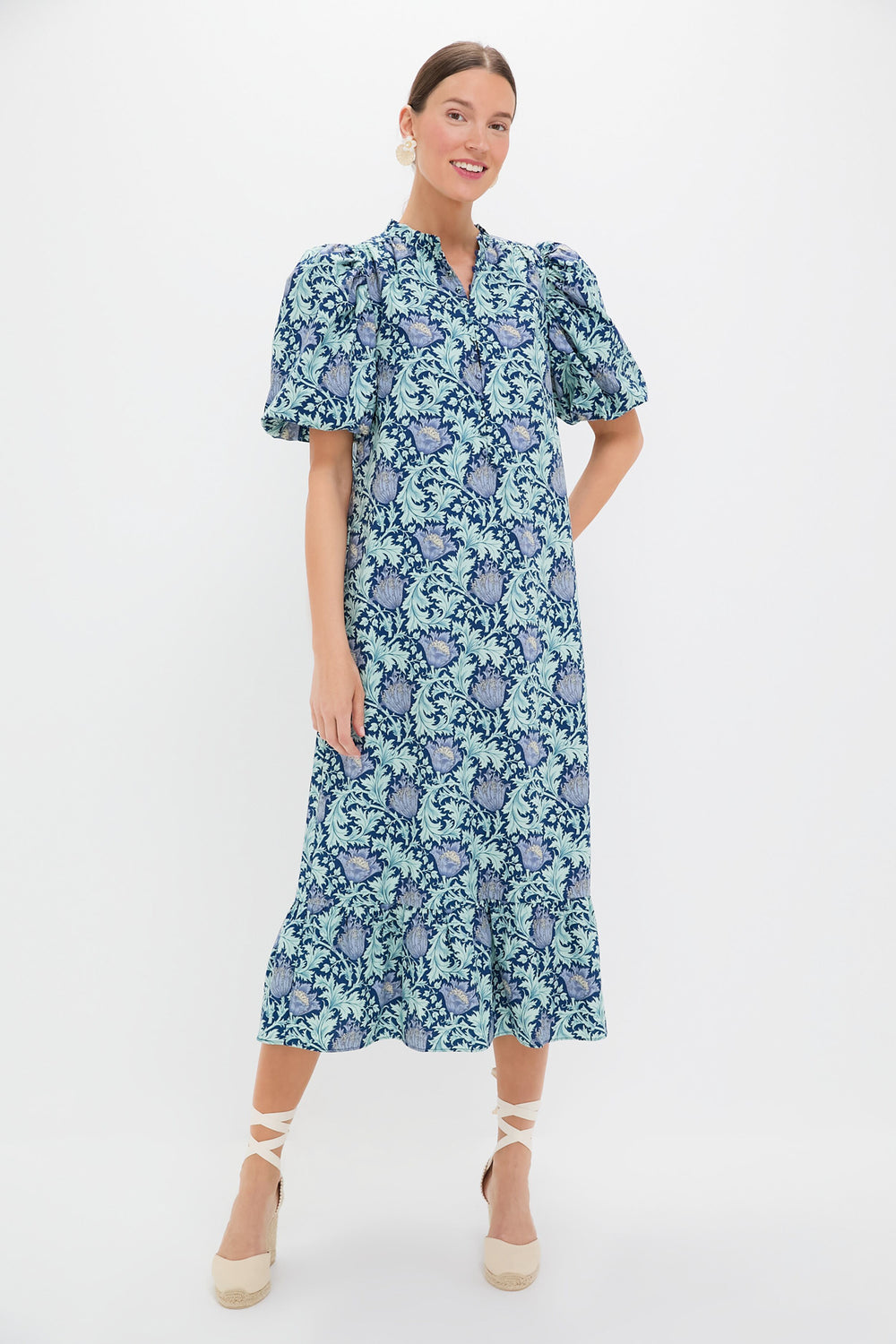 Multi Blue Leafy Floral Mimi Midi Dress