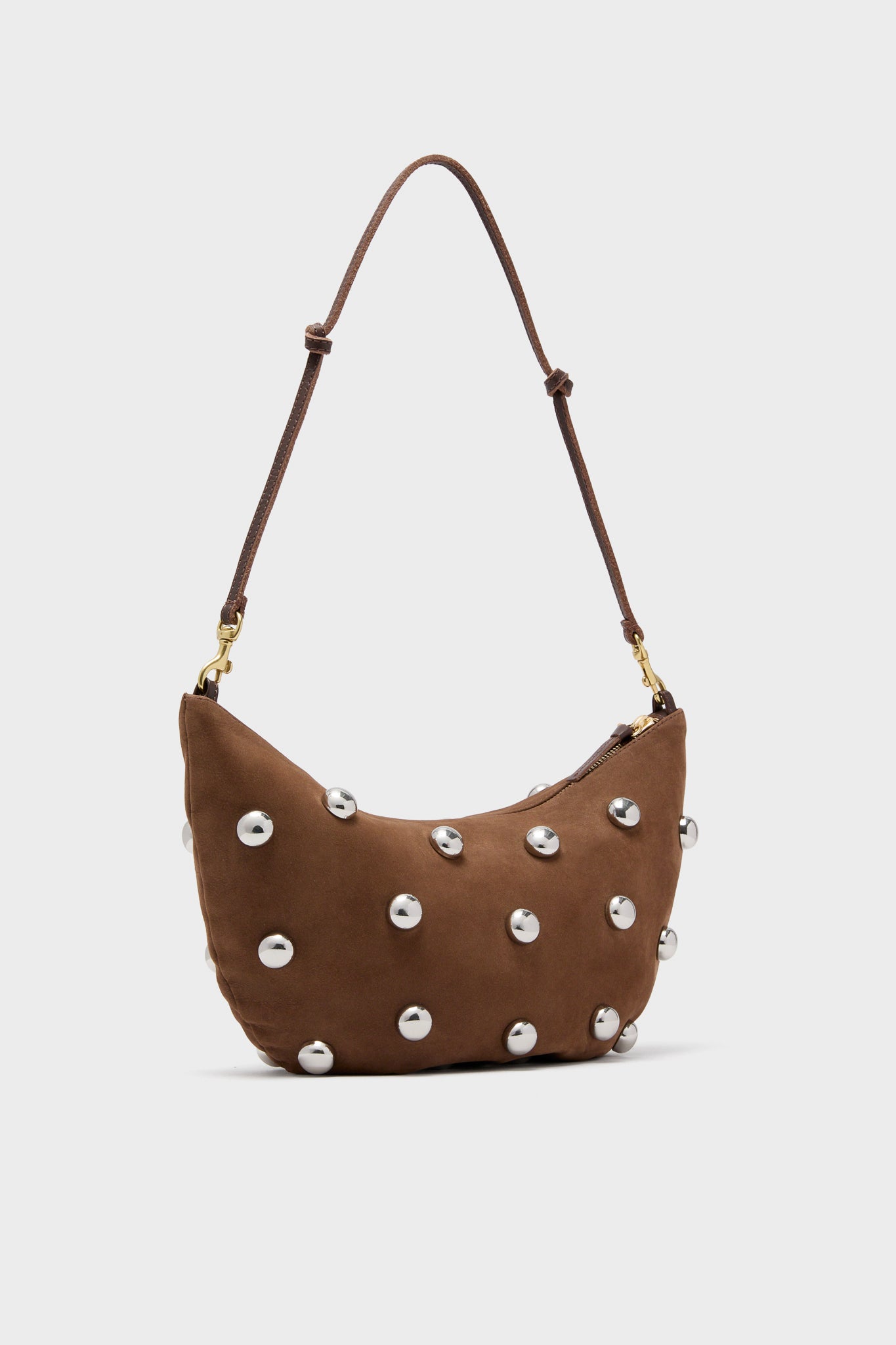Choco Bar Smooth Nubuck with Studs Lune Bag: a classic, high-end hobo-style shoulder bag featuring silver studs, adjustable strap, and top zip, offering effortless, fun sophistication.