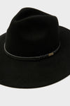 Classic Black Tack Fedora Hat with a wide-brim, featuring a braided leather band, effortlessly combining a chic, high-end style for a fun and confident look.