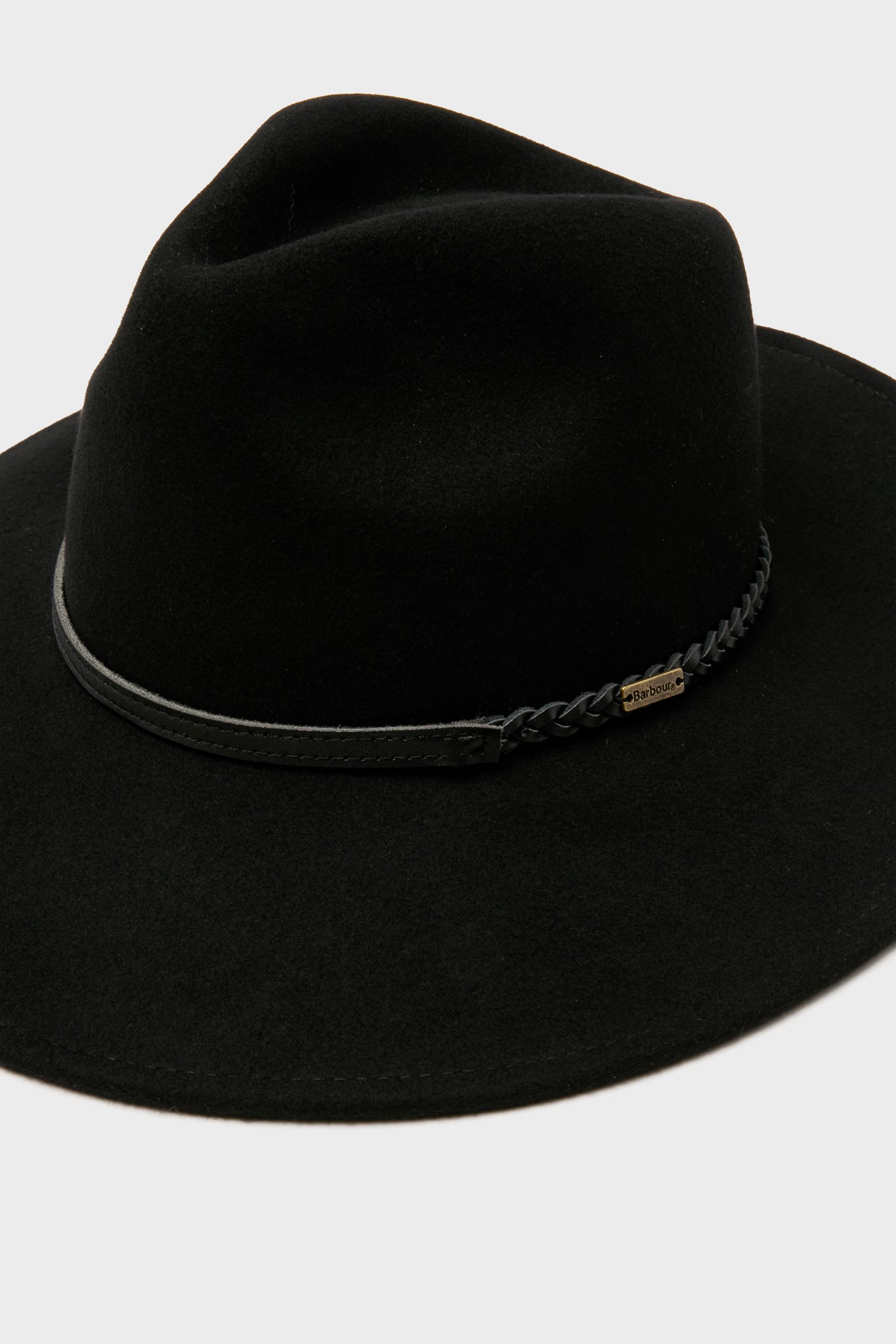 Classic Black Tack Fedora Hat with a wide-brim, featuring a braided leather band, effortlessly combining a chic, high-end style for a fun and confident look.
