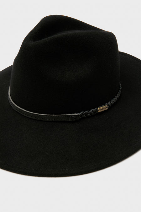 Classic Black Tack Fedora Hat with a wide-brim, featuring a braided leather band, effortlessly combining a chic, high-end style for a fun and confident look.