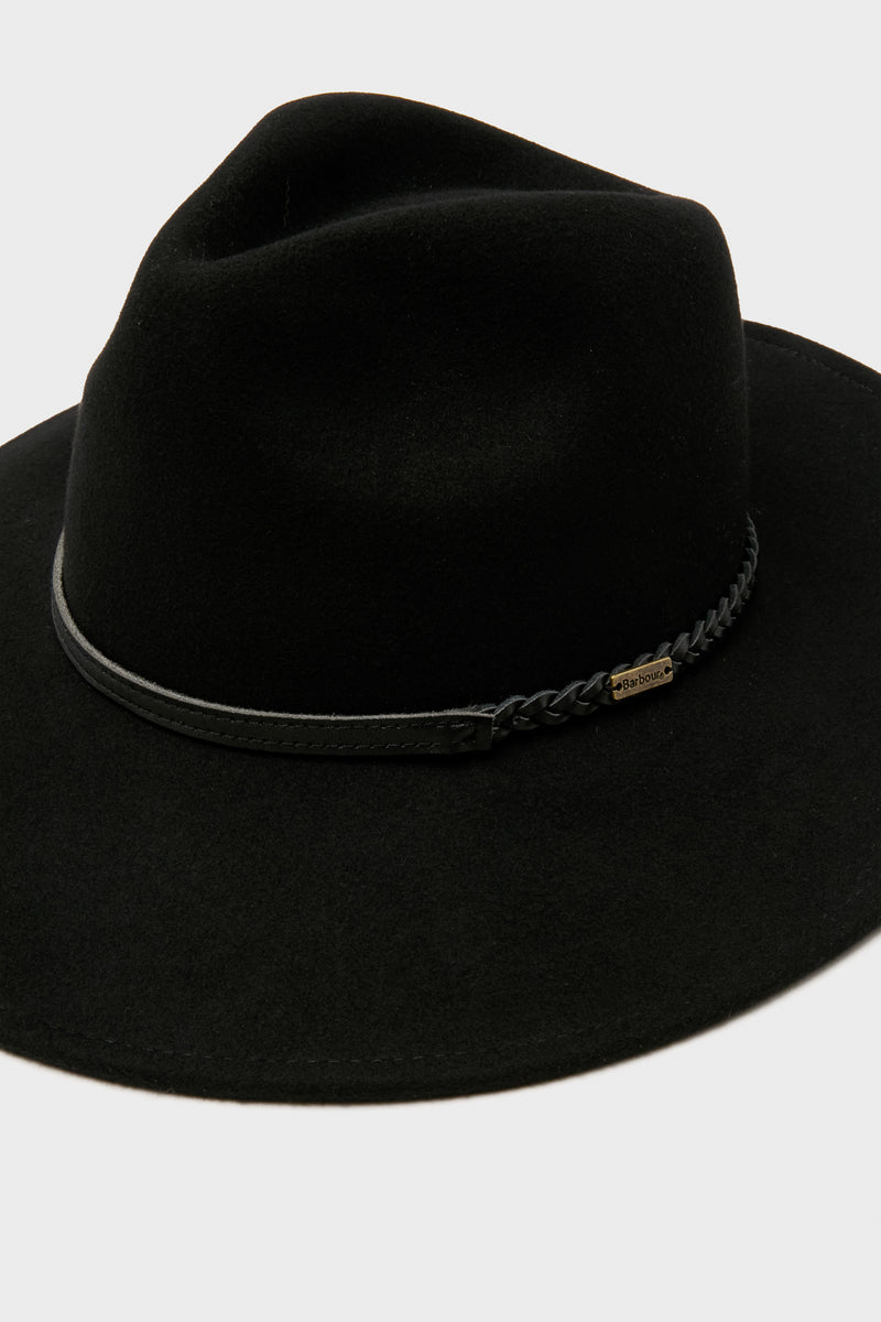 Classic Black Tack Fedora Hat with a wide-brim, featuring a braided leather band, effortlessly combining a chic, high-end style for a fun and confident look.
