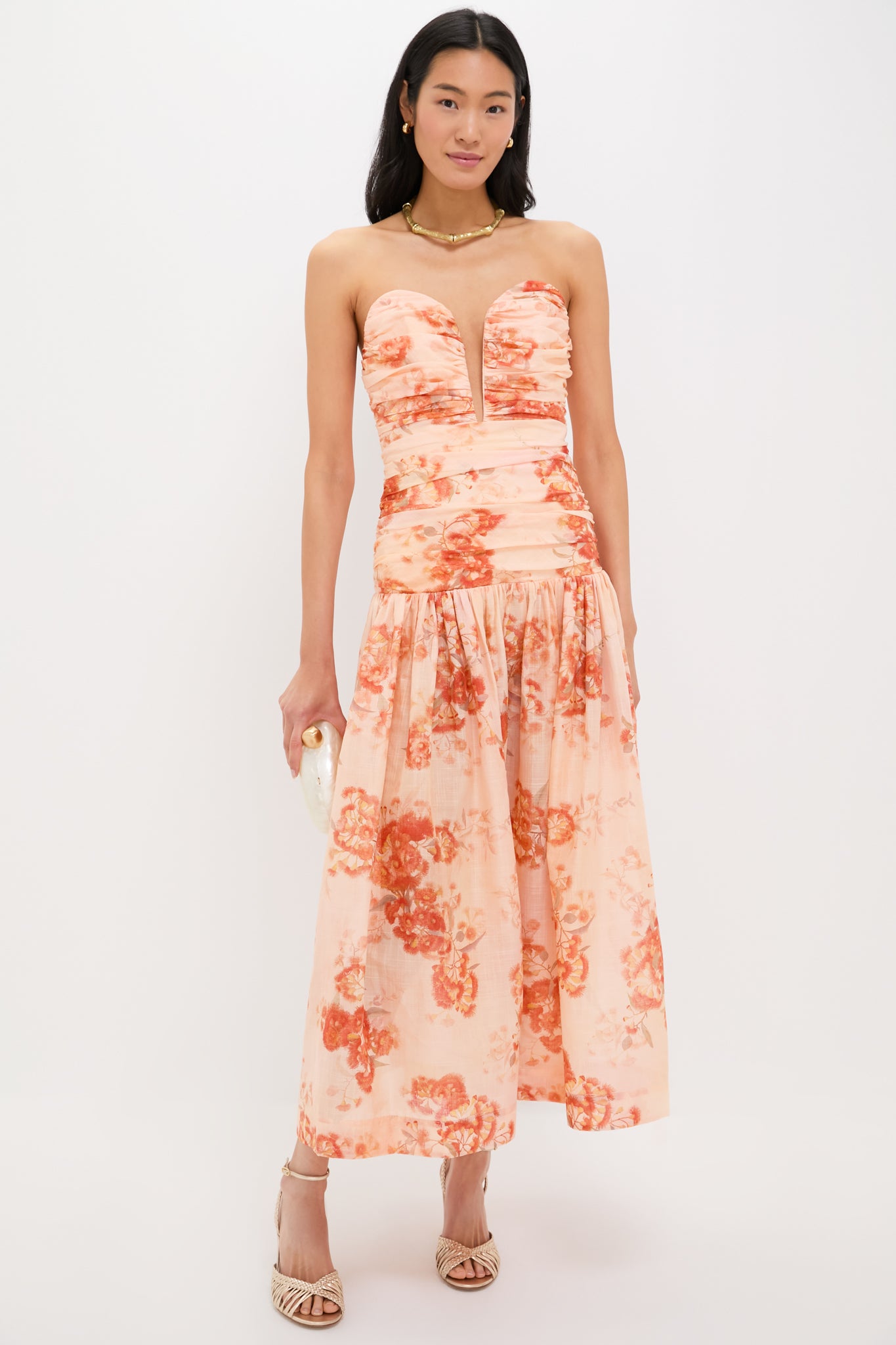 Red Botanical Floral Cascadian Strapless Midi Dress