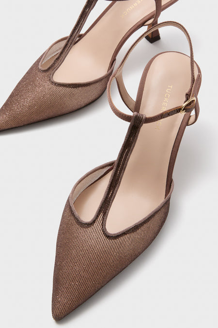 Mauve Metallic Mesh Margot Heels, classic pointed-toe slingbacks with a fun T-strap and effortless kitten heel, exuding high-end style with a shimmering finish.