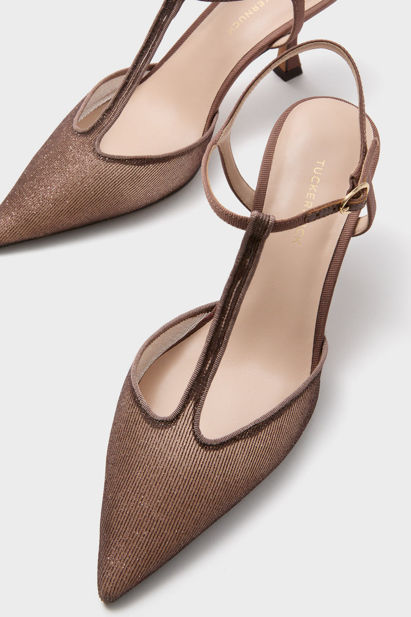 Mauve Metallic Mesh Margot Heels, classic pointed-toe slingbacks with a fun T-strap and effortless kitten heel, exuding high-end style with a shimmering finish.
