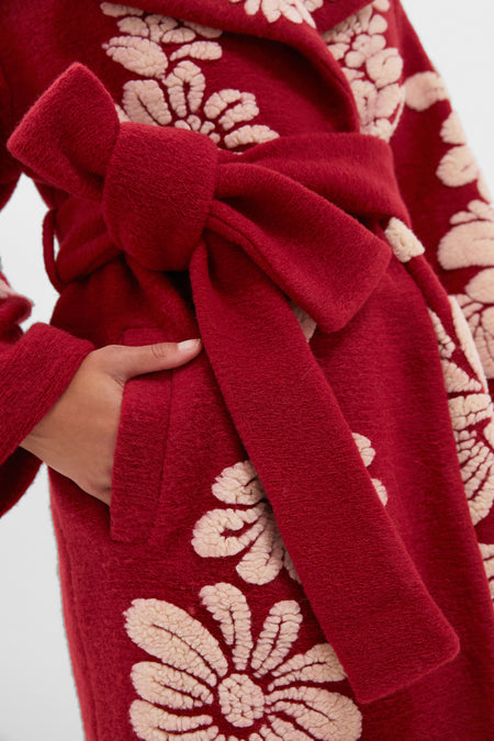 Bold Flowers Burgundy Fleece Coat