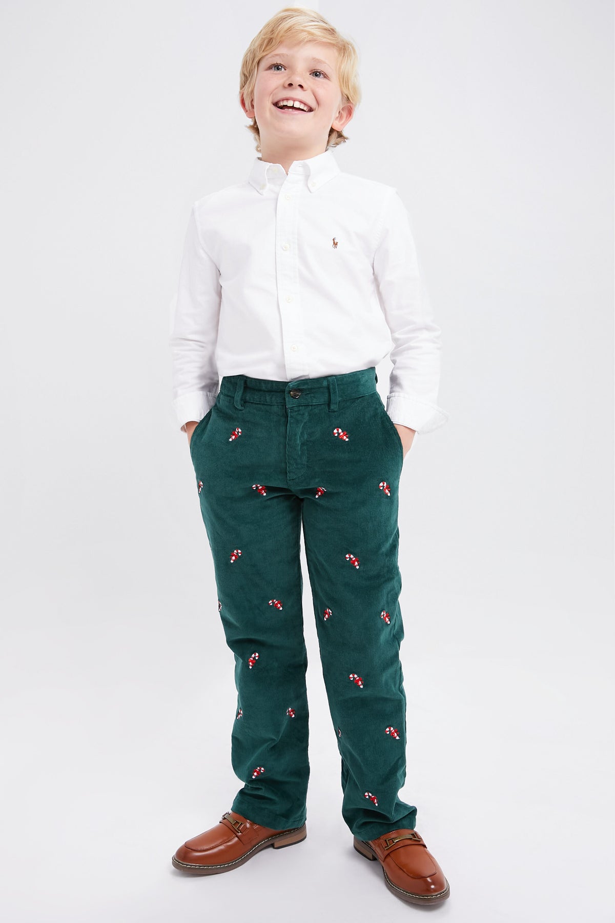 Hunter Green Candy Cane Embroidered Boys Corduroy Pants