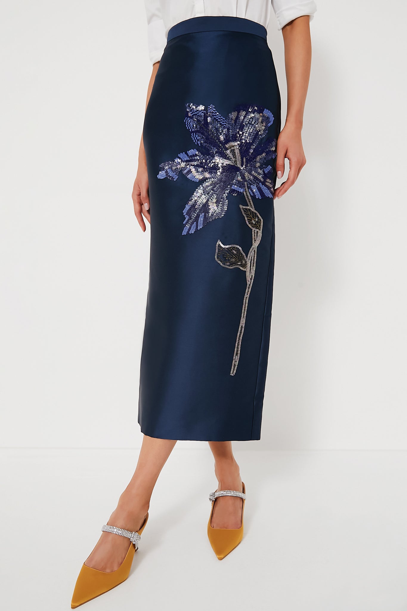 Navy blue floral pencil skirt hotsell