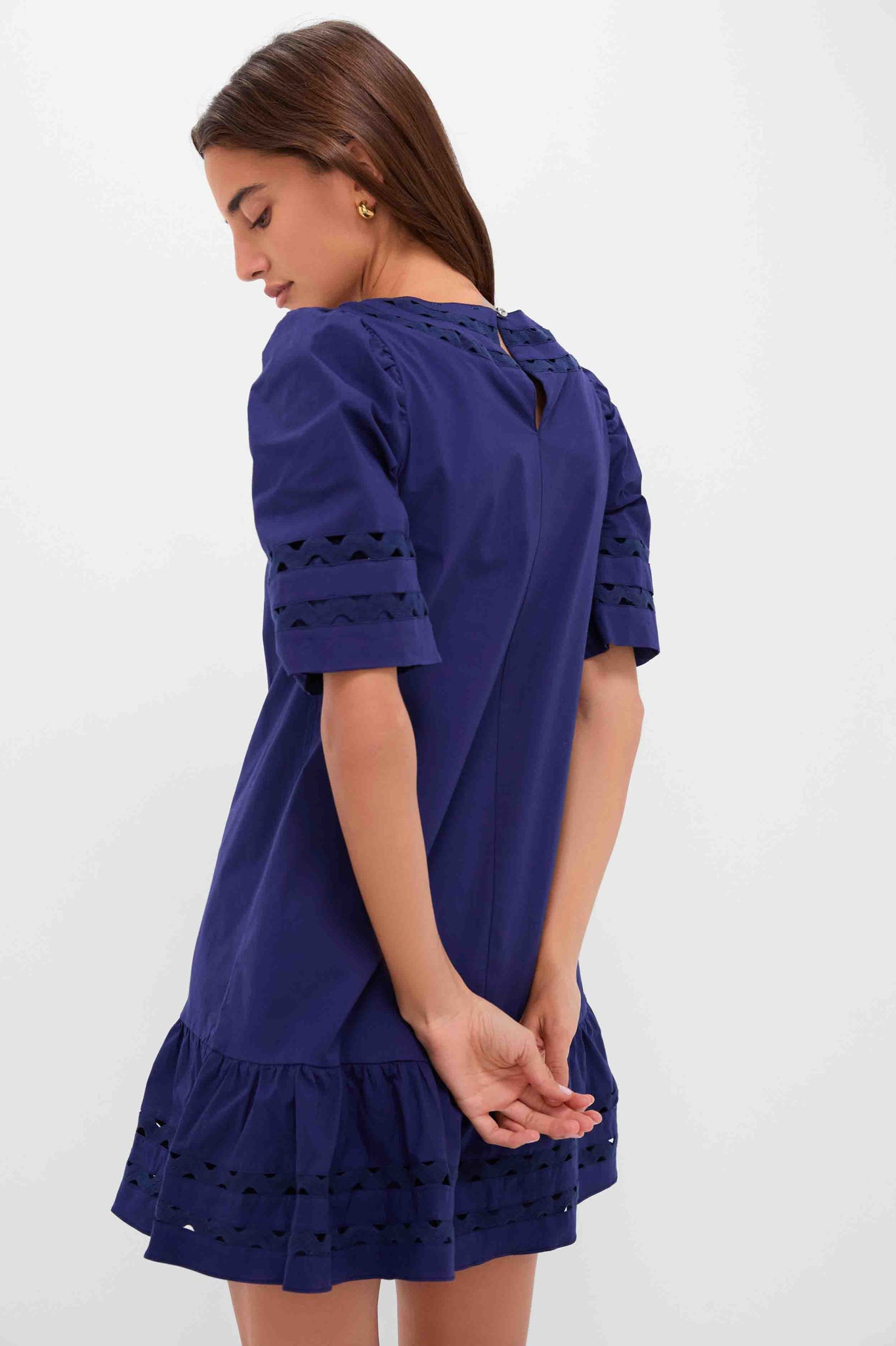 Navy V-Neck Puff Sleeve Mini Dress