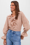 Tan and Pink Plaid V Neck Ruffle Eileen Button Down