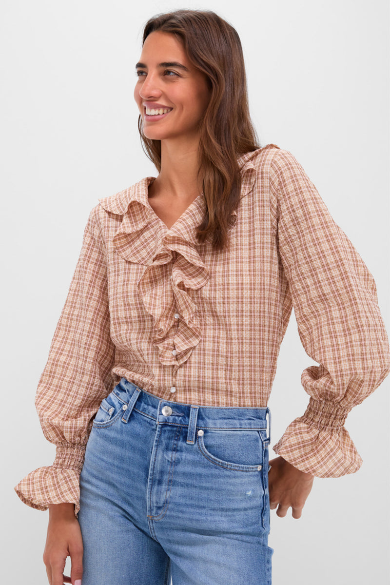 Tan and Pink Plaid V Neck Ruffle Eileen Button Down