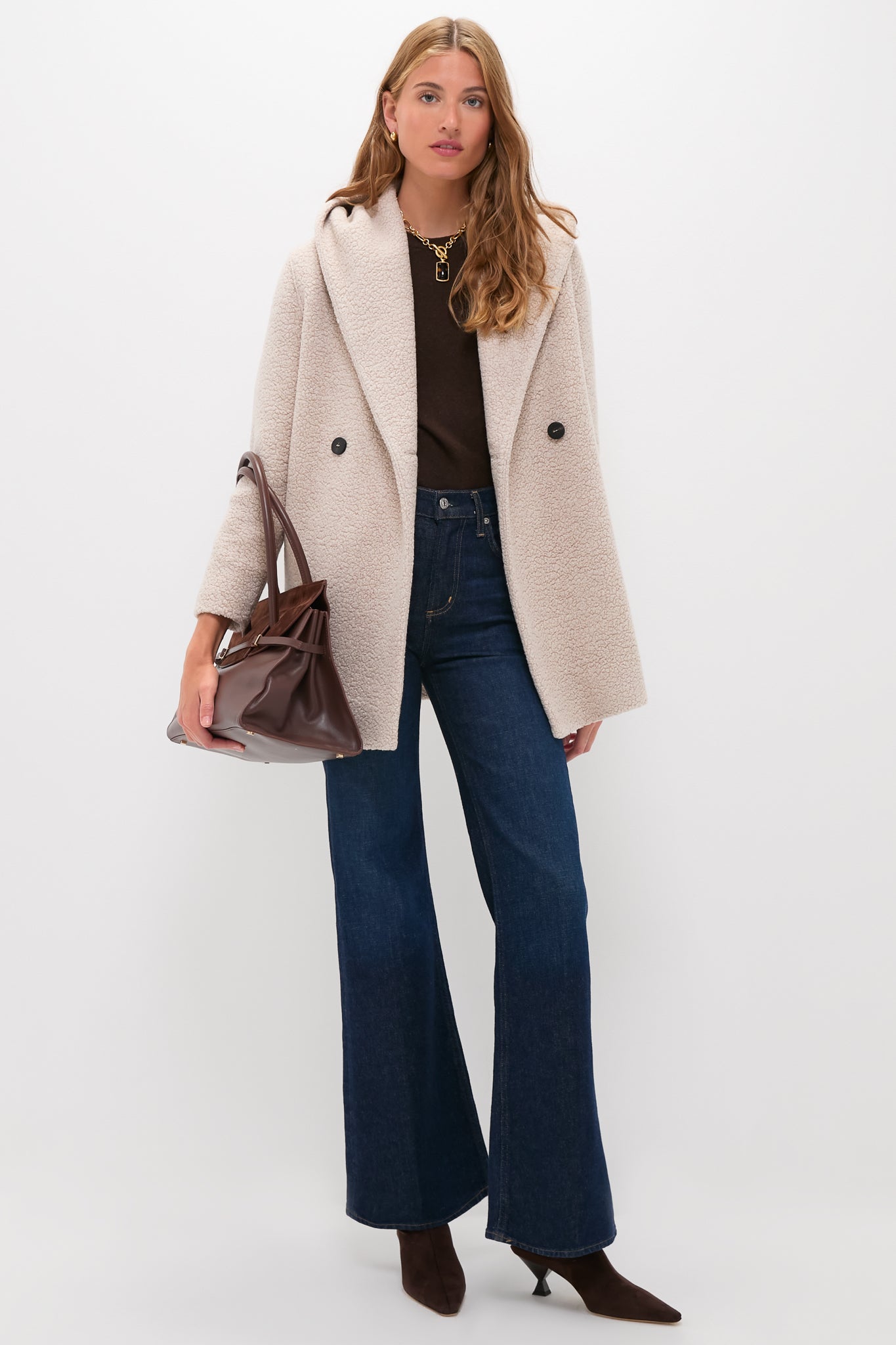 Almond Hooded Double Breasted Boucle Jacket