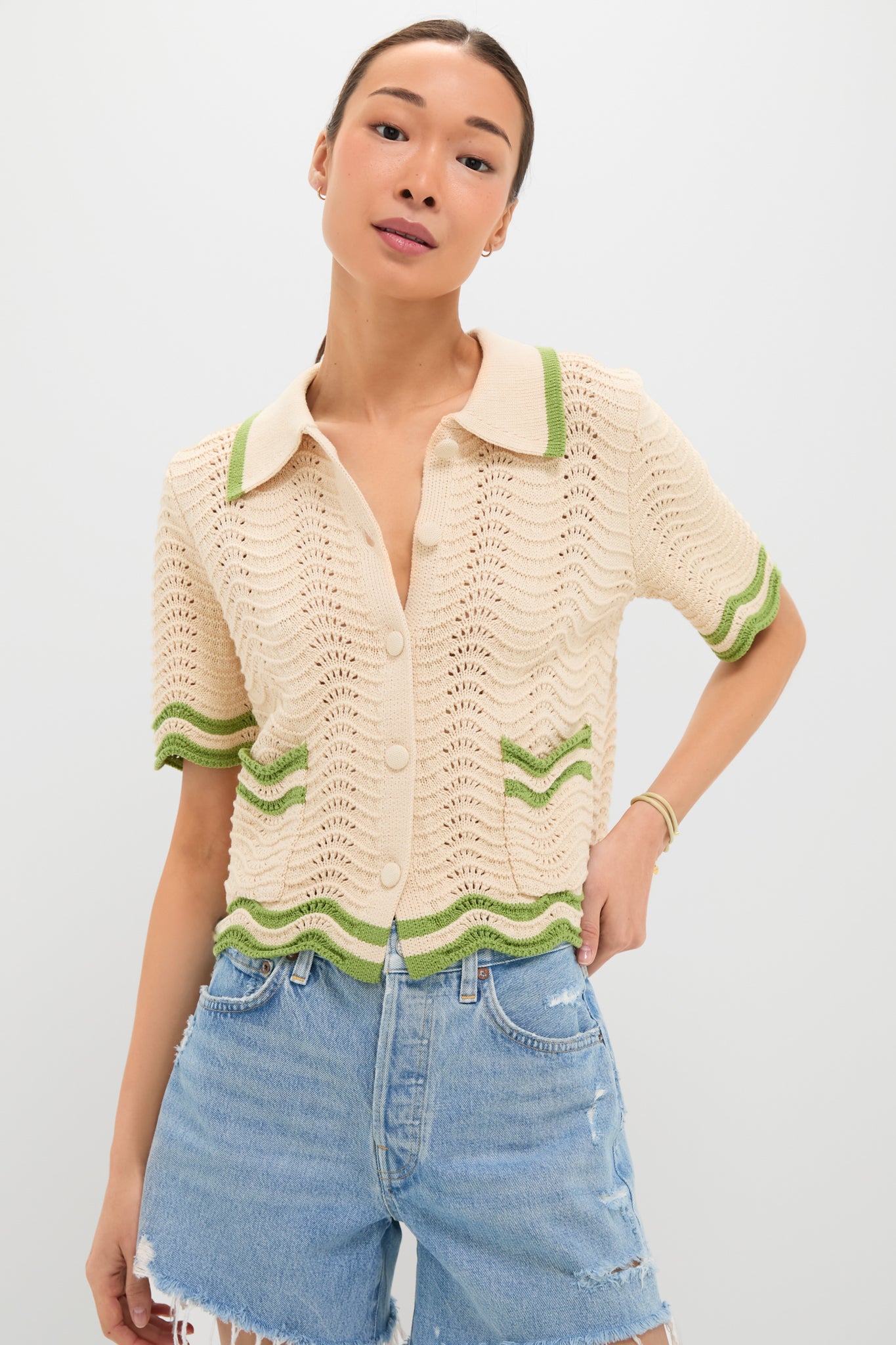 Cream and Sage Amelia Scallop Hem Button Up Crochet Cardigan