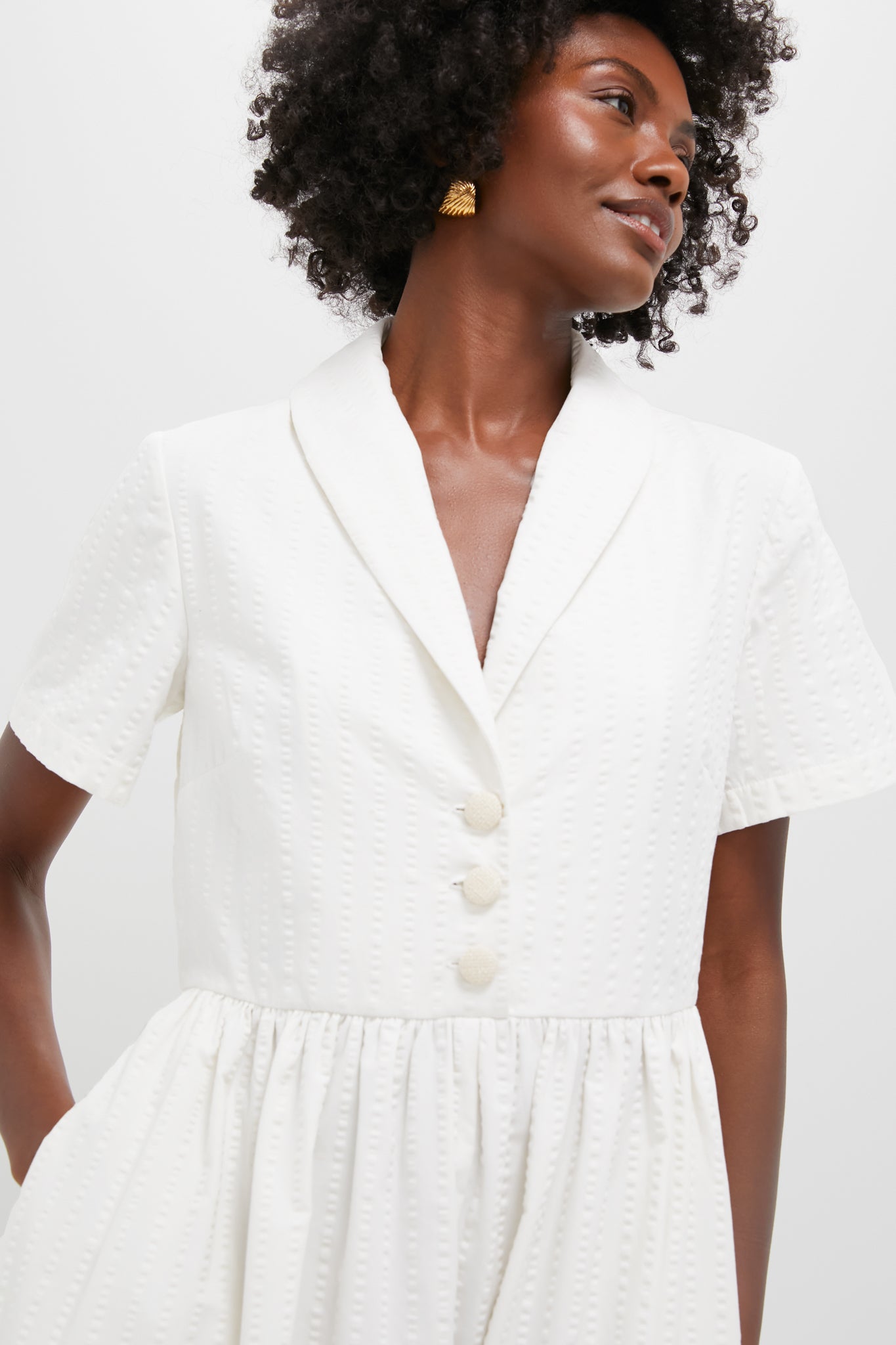 white collared dress White Seersucker Shawl Collar Adelaide Dress