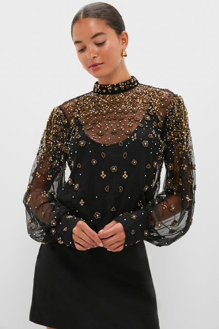 Black Embroidered Bubble Tulle Blouse