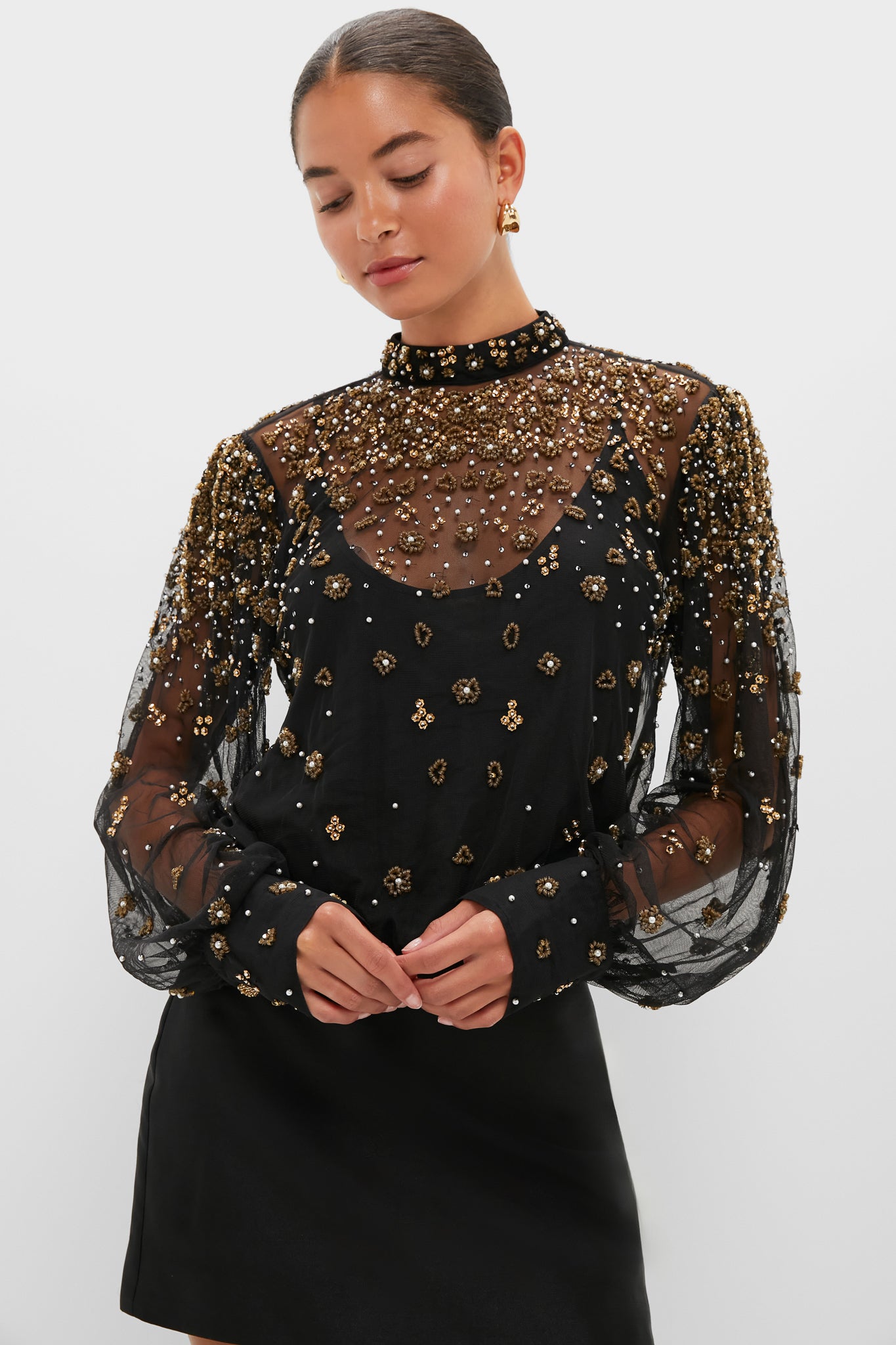Black Embroidered Bubble Tulle Blouse