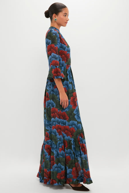 Madrid Blue High Neck Bell Sleeve Maxi Dress