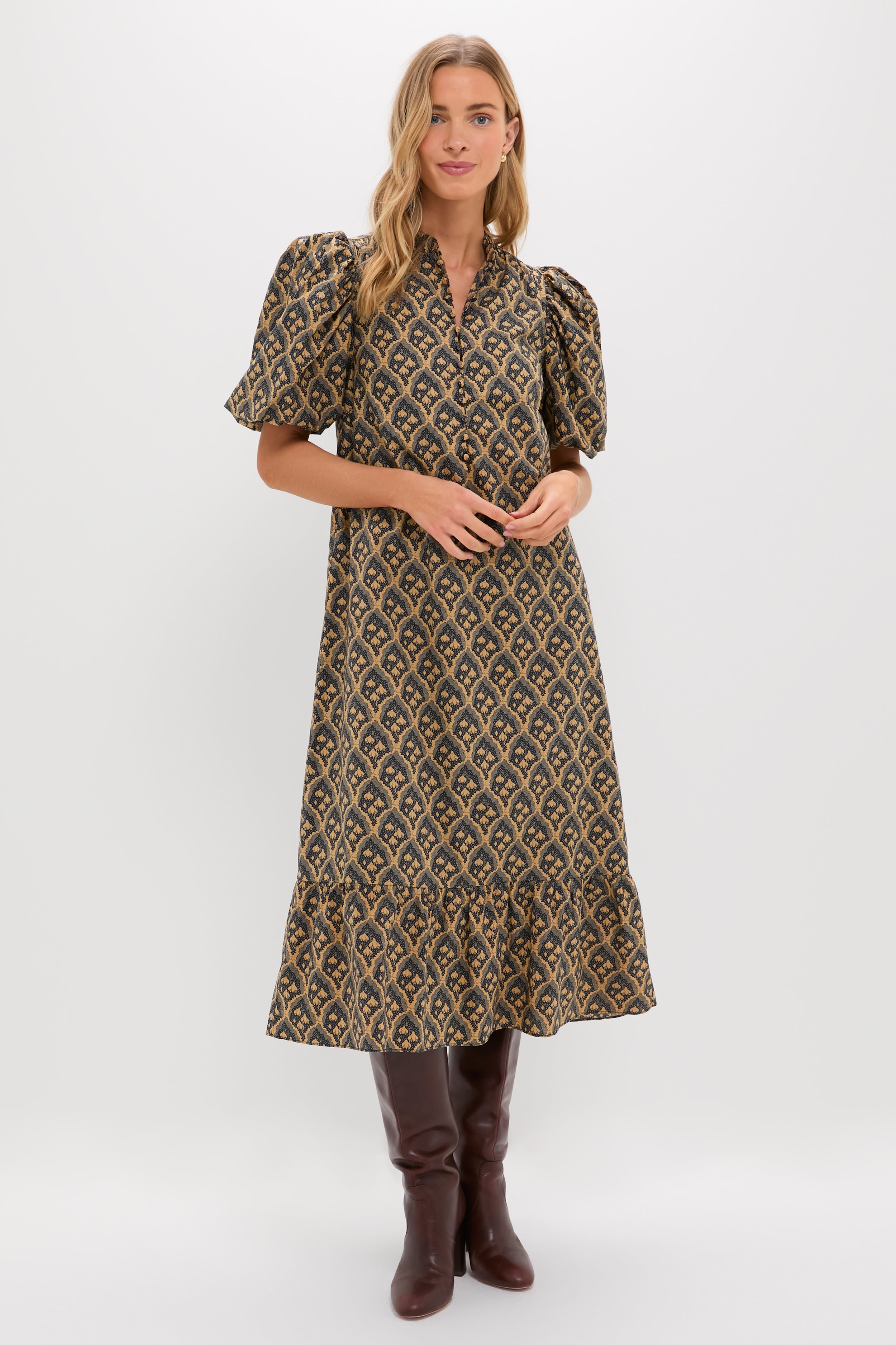 Navy & Tan Floral Mimi Midi Dress